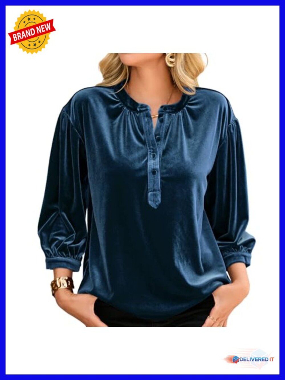 Velvet 3/4 Sleeve Button Up Blouse Casual Fall Winter Top